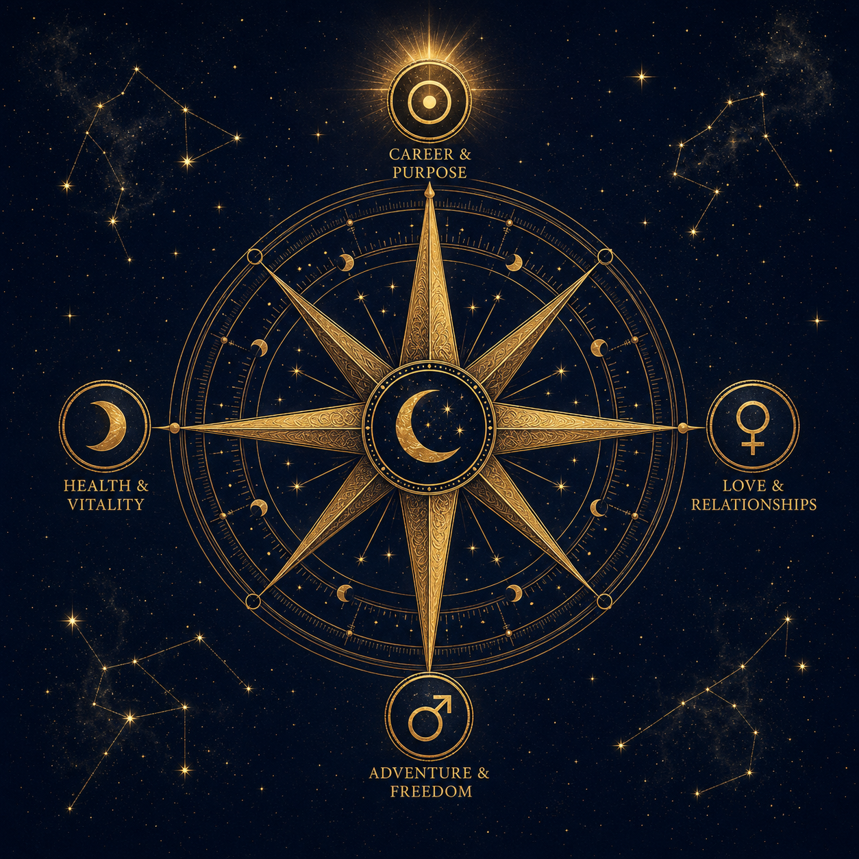 Compass showing four life themes: Career & Purpose, Love & Relationships, Adventure & Freedom, Health & Vitality